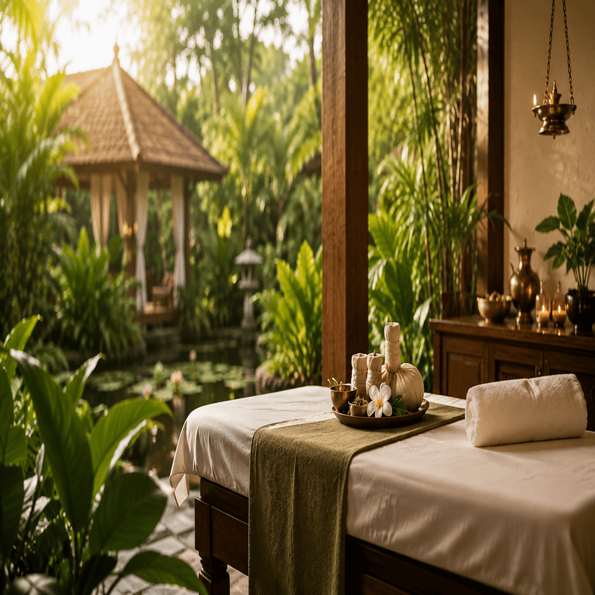 Ayurvedic treatment room with singing bowls